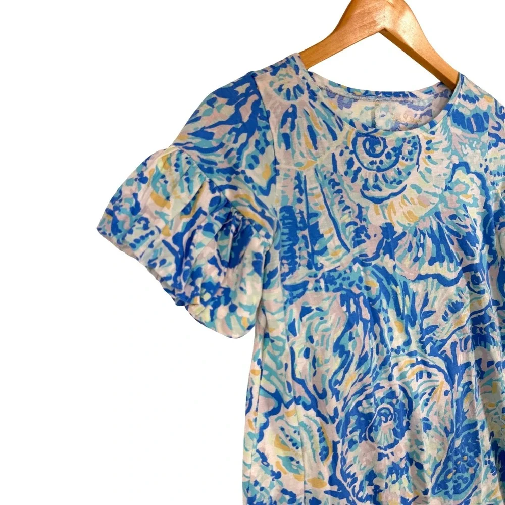 Lilly Pulitzer Dress Kids XL 12-14 Blue White Seashell Print Ruffle Sleeve 29157